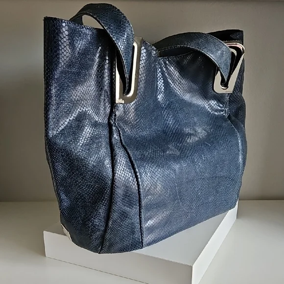 KOOBA Elegant Denim Blue Snake Embossed Glossed Tote Shoulder Bag - Picture 2 of 10
